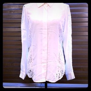 WORTH Floral Silk and Lace Button Down Blouse